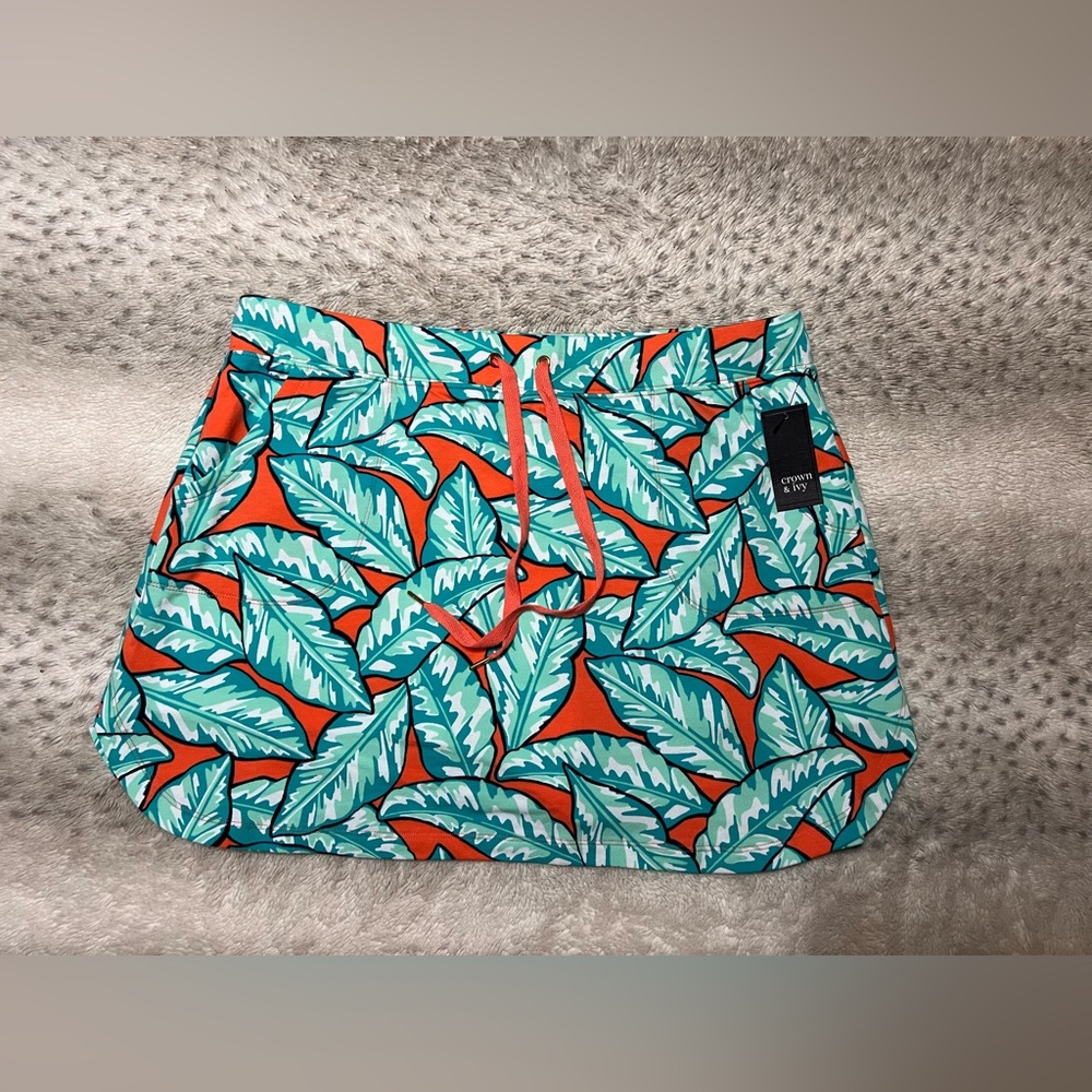 CROWN IVY Beach Skort Tropical Leaves Pull On Skirt/Shorts Pockets Womens L NWT